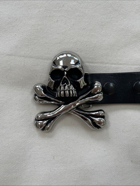 King Baby Other - Men's Black Leather Belt with Silver Skull & Crossbones Buckle